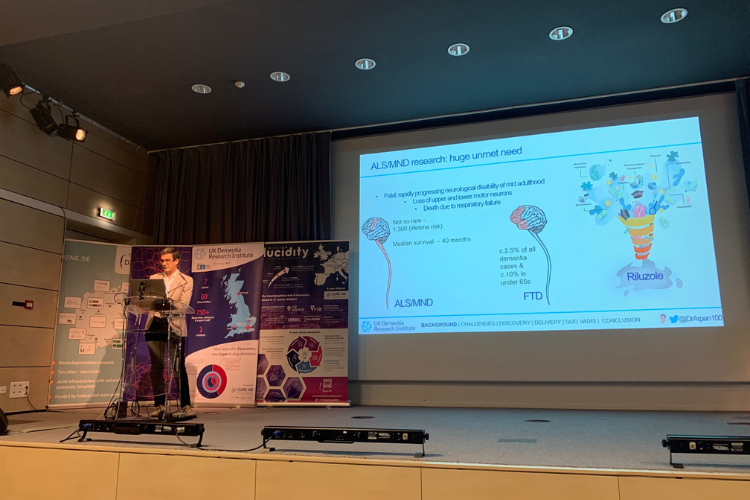 Dr Arpan Mehta presenting MND-SMART slides at the CURE-Neurological Diseases symposium in Paris, February 2023