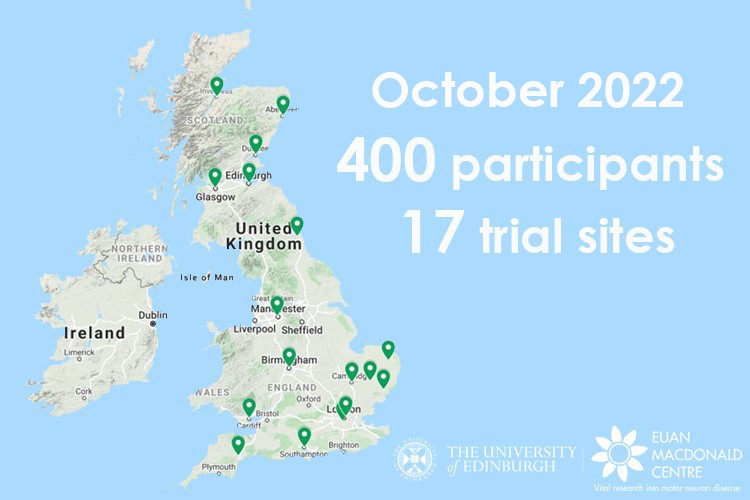 graphic showing trial sites in the UK with an update on numbers in the trial: 400 particpants and 17 trial sites