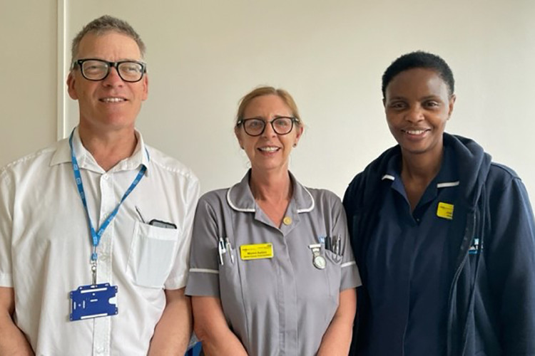 The Poole MND-SMART team. Left to right: Dr Charles Hillier, Consultant Neurologist University Hospitals Dorset & local Principal Investigator for MND-SMART; Maxine Ashton, Senior Clinicals trial Assistant; Judith Dube, Neurology Research Nurse